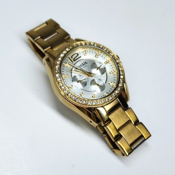 Fossil Watch ES2421 Gold Steel  Wristband Crystal Bezel White Face Multi - Picture 1 of 15